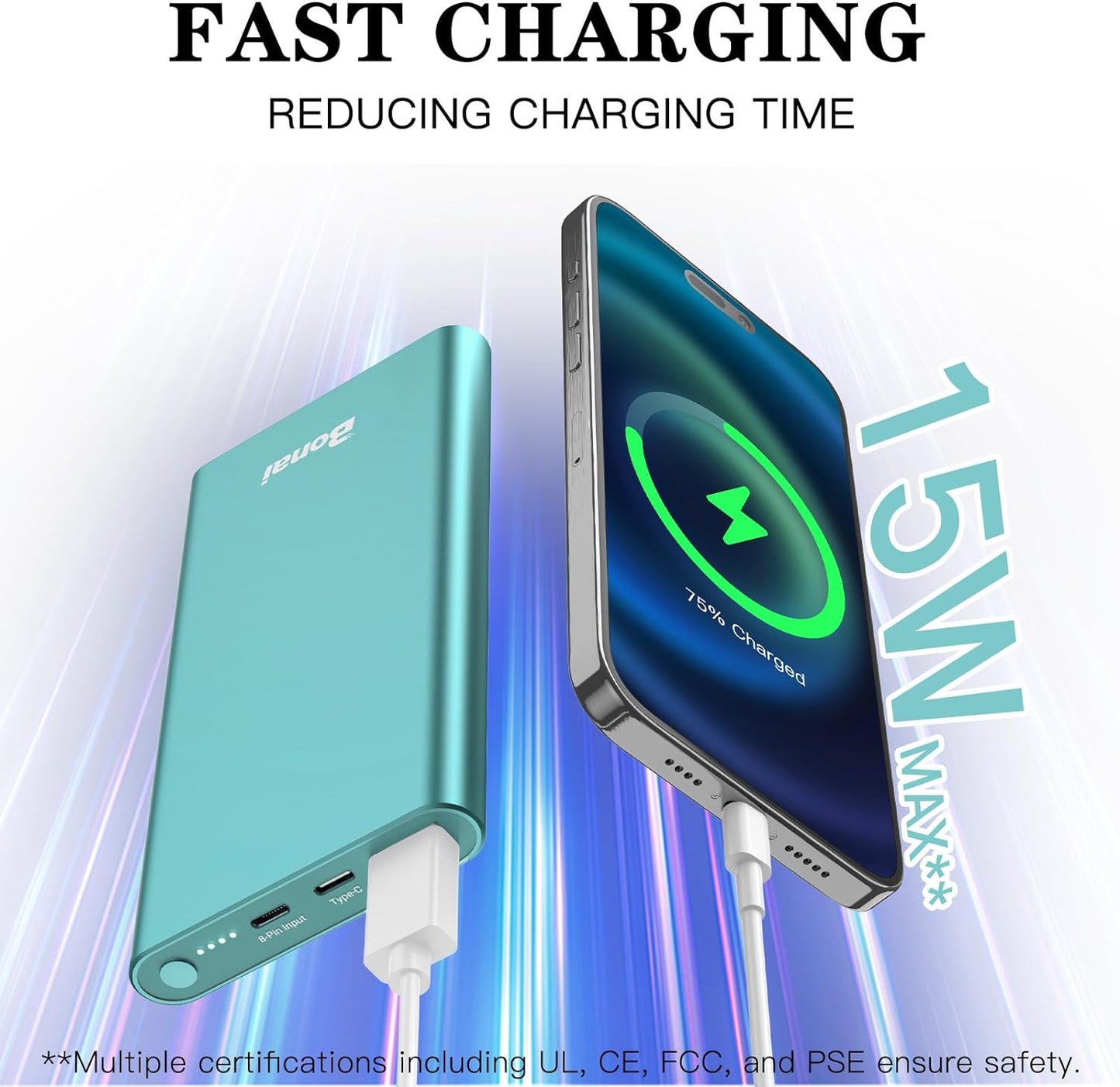 Portable Charger, Power Bank 12000Mah Aluminum(Travel)(Powerful) USB C High Speed 3.0A Input/Output Compatible Iphone 13/13 Pro Max/12/12 PM, Samsung, Ipad - Mint (8 Pin Charging Cable Included)