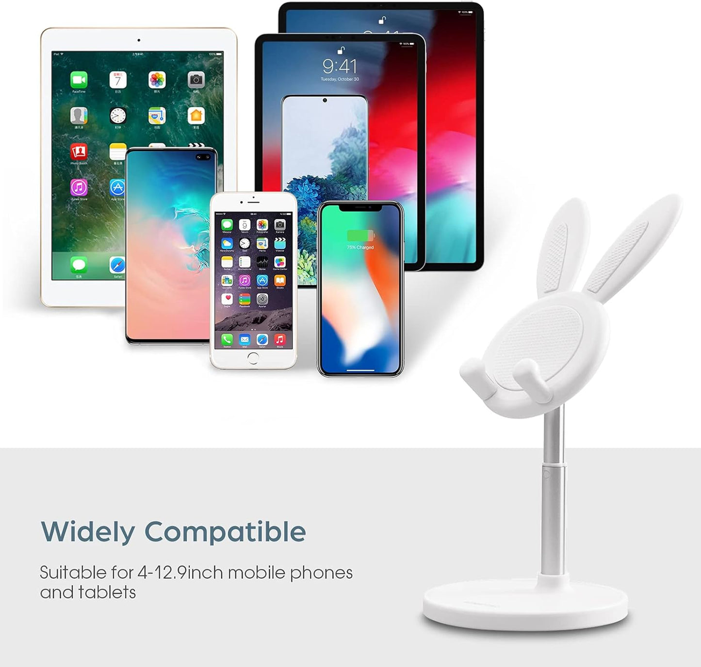 Cute Cell Phone Stand, Angle Height Adjustable Cell Phone Stand for Desk, Cute Bunny Phone Holder Stand, Compatible with All Mobile Phones,Iphone,Samsung,Pixel,Ipad,Tablet (White)