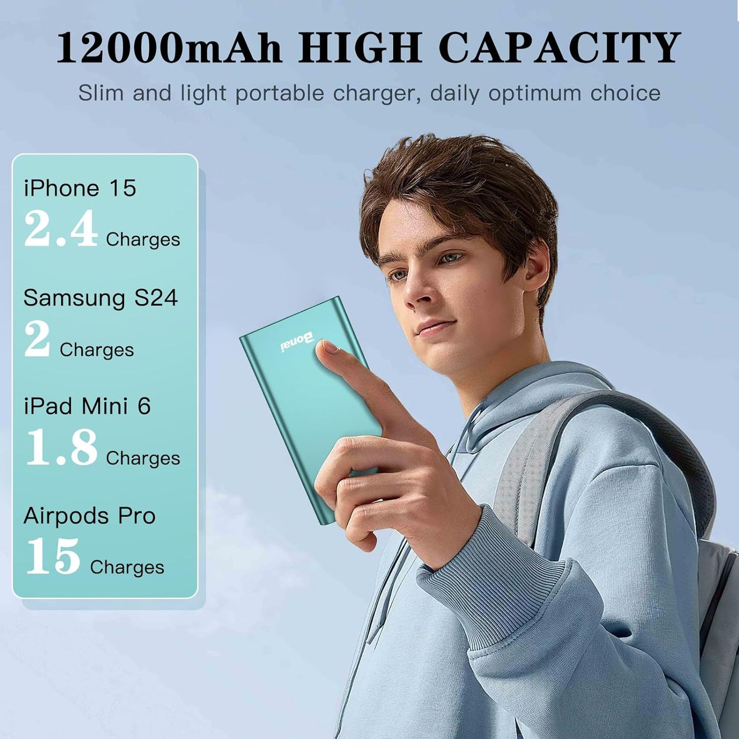 Portable Charger, Power Bank 12000Mah Aluminum(Travel)(Powerful) USB C High Speed 3.0A Input/Output Compatible Iphone 13/13 Pro Max/12/12 PM, Samsung, Ipad - Mint (8 Pin Charging Cable Included)