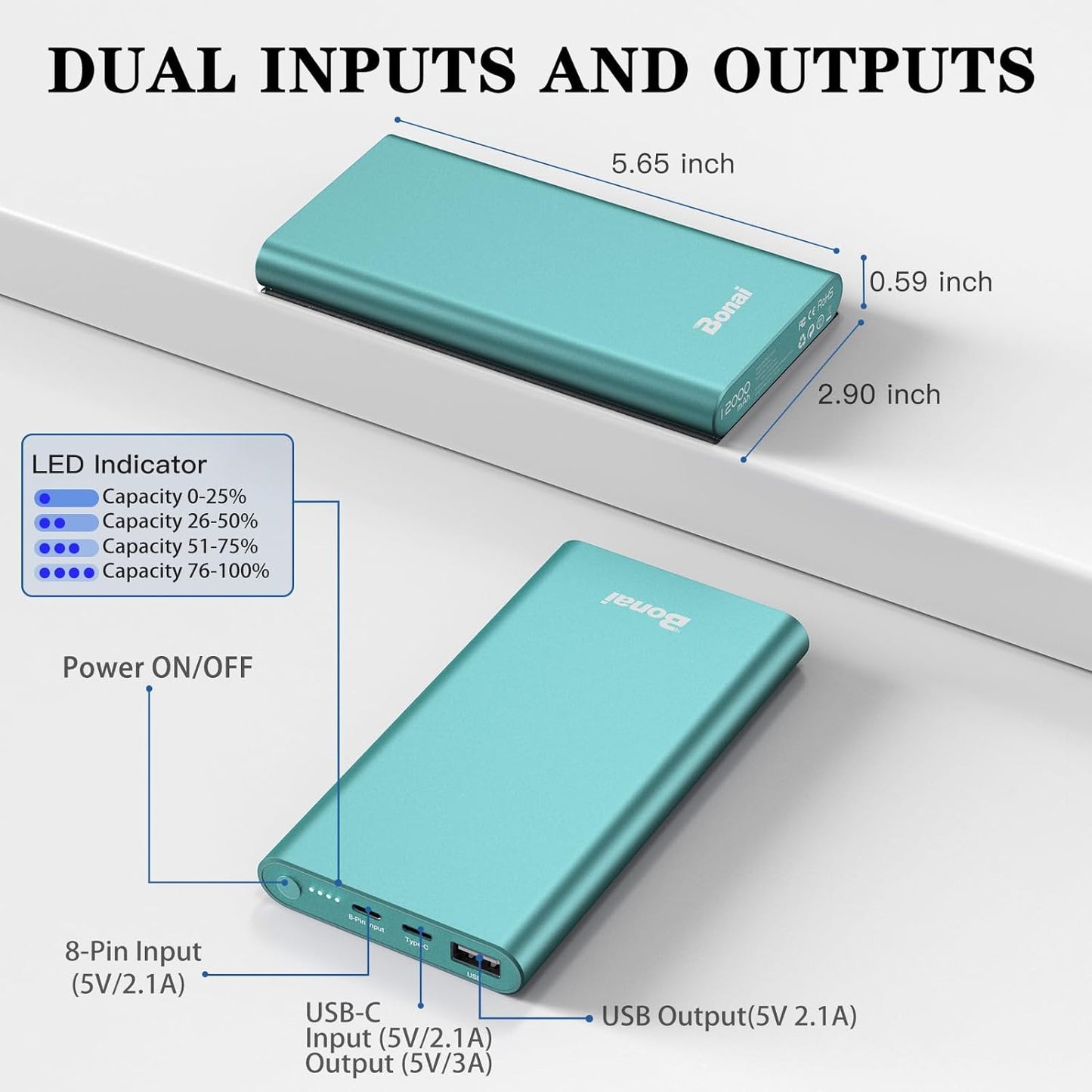 Portable Charger, Power Bank 12000Mah Aluminum(Travel)(Powerful) USB C High Speed 3.0A Input/Output Compatible Iphone 13/13 Pro Max/12/12 PM, Samsung, Ipad - Mint (8 Pin Charging Cable Included)