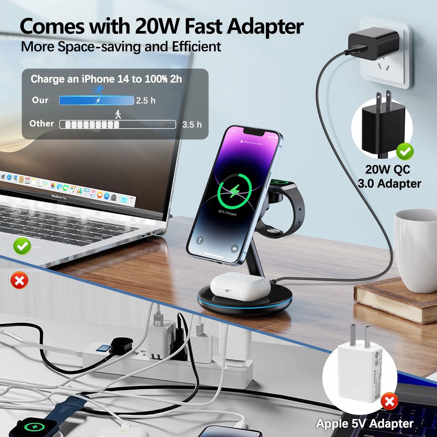 3 in 1 Magnetic Charging Station Iphone Fast Charging 18W Mag-Safe Charger Stand for Iphone 15 14 13 12 Series & Airpods 2/3/Pro(Adapter Included)