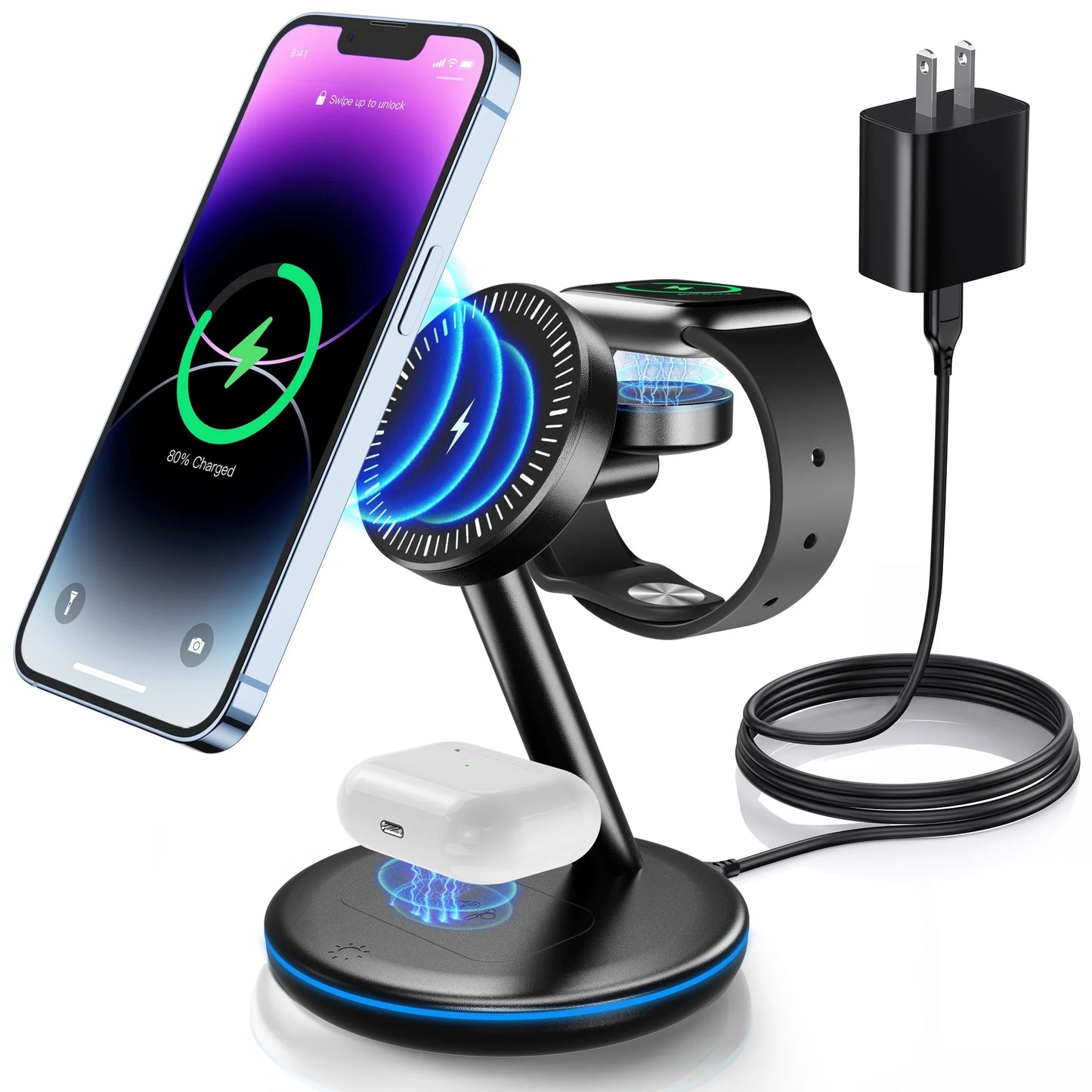 3 in 1 Magnetic Charging Station Iphone Fast Charging 18W Mag-Safe Charger Stand for Iphone 15 14 13 12 Series & Airpods 2/3/Pro(Adapter Included)