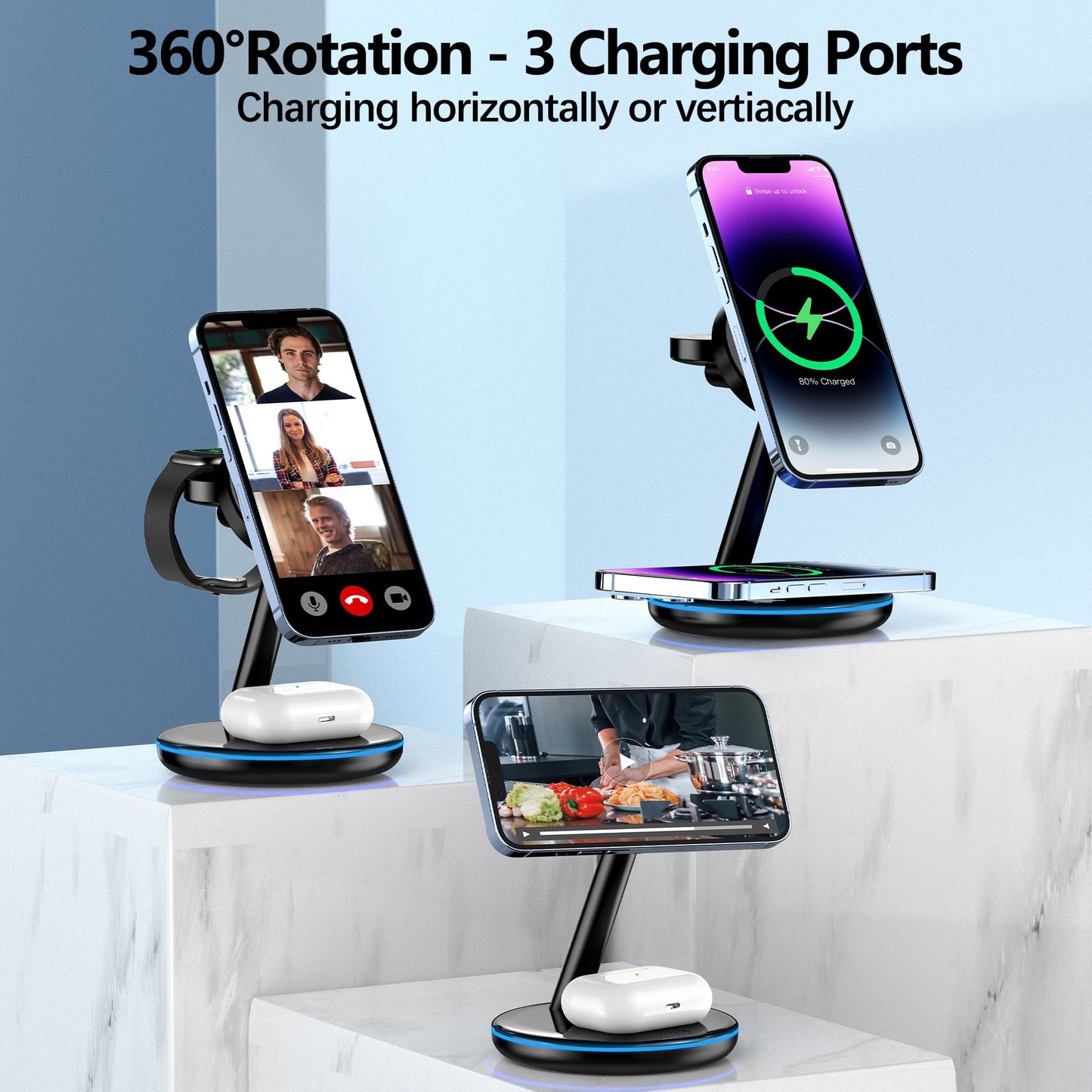 3 in 1 Magnetic Charging Station Iphone Fast Charging 18W Mag-Safe Charger Stand for Iphone 15 14 13 12 Series & Airpods 2/3/Pro(Adapter Included)